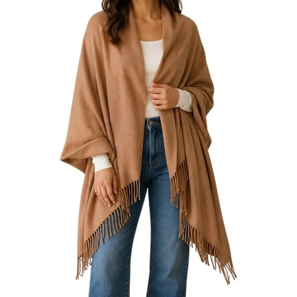Portolano Camel Tan 100% Lambswool Fringe Trim Shawl Wrap